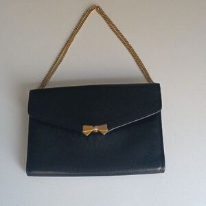Nina Ricci Vintage Black Shoulder Crossbody Bag with Gold Bow And Chain Strap